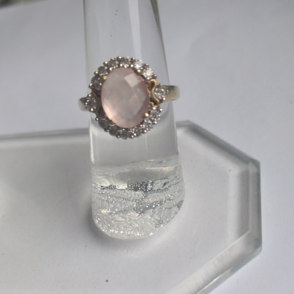 Rose Quartz  Gold plated Gemstone Ring. Zircon Halo. QVC, New, Size 6 1/2